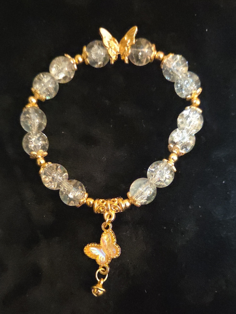 Gold Butterfly Charm Beaded Bracelet – Clear Crystal Beads